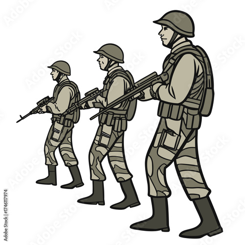 Three soldiers in camouflage uniforms and helmets marching forward with rifles in a stylized illustration