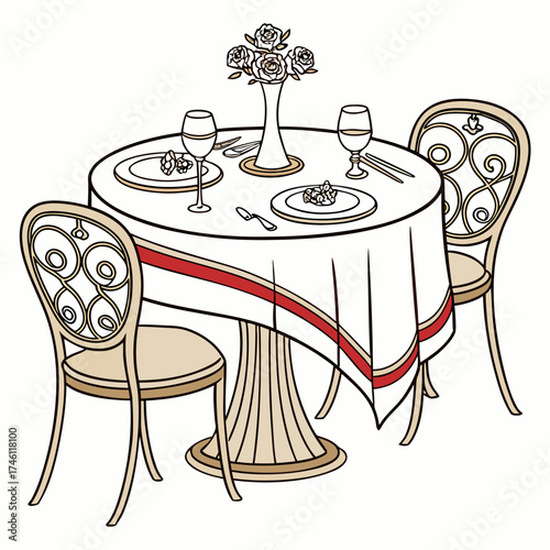 Elegant dining table setting for two with floral centerpiece and wine glasses on a white tablecloth