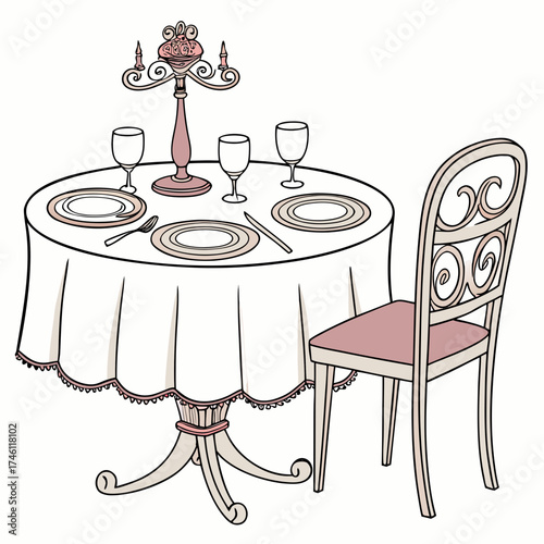 Elegant dining table set for two with a decorative candelabra and wine glasses on a white tablecloth