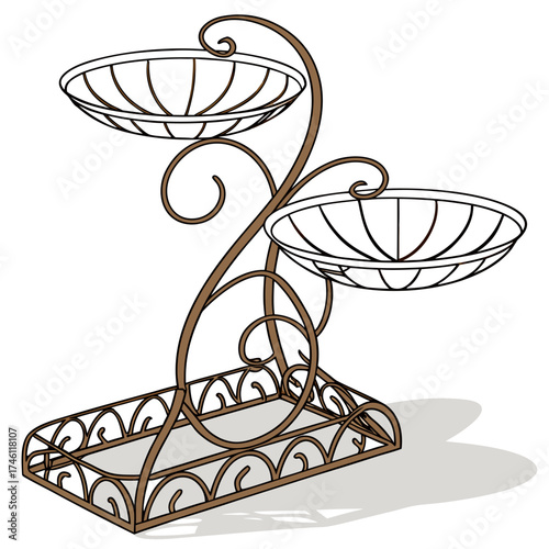 Elegant two tiered wrought iron plant stand with decorative scrollwork and ornate base for indoor or outdoor use