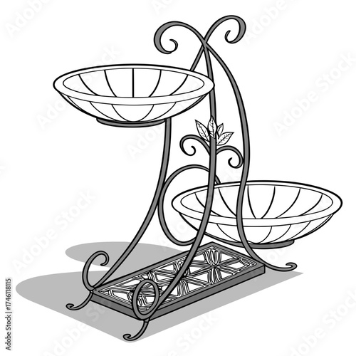 Elegant two tiered wrought iron stand with decorative scrolling and leaf accents holding two shallow bowls