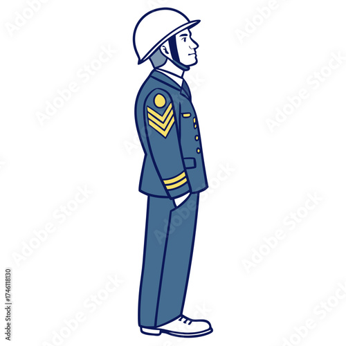 Illustration of a man in a blue military uniform with rank insignia and a helmet standing in profile