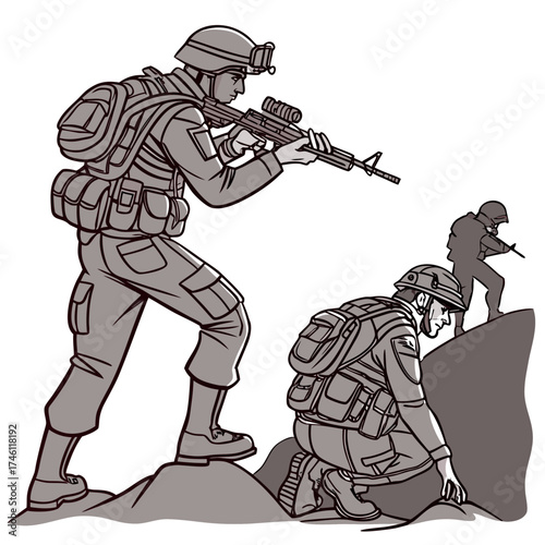 Modern soldiers in tactical gear advancing cautiously across uneven terrain with rifles ready for action