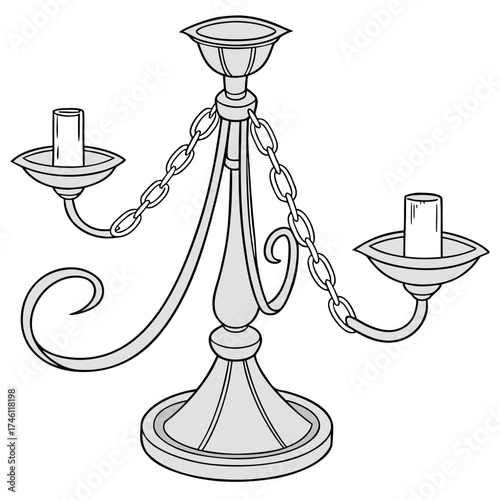 Ornate antique silver candelabra with two candle holders and decorative chains against a white background
