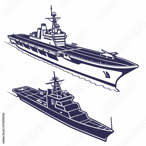 Stylized illustration of a large aircraft carrier and a smaller warship sailing on the ocean water