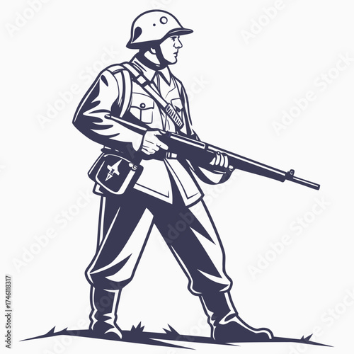 Stylized illustration of a soldier in uniform holding a rifle and standing alert on a grassy field