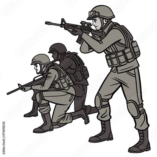 Three soldiers in tactical gear advancing in formation with rifles ready for action