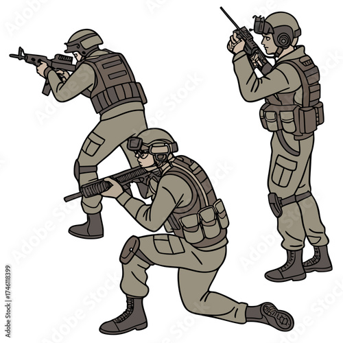 Three soldiers in tactical gear with rifles and communication equipment in defensive positions