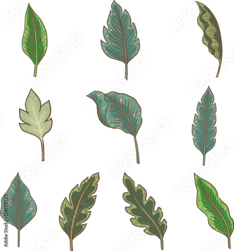 Tropical leaves in Thai style illustration for decoration on garden and Thai traditional paint style forest landscape.