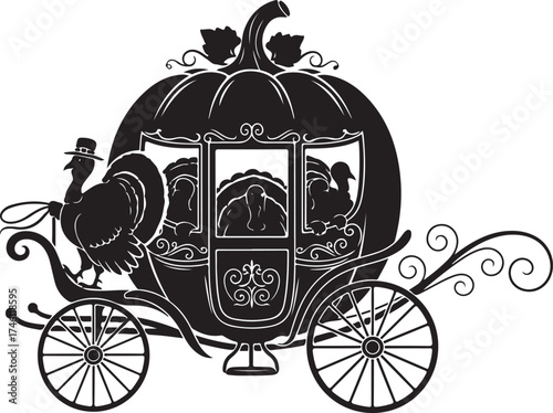 Vector art of thanksgiving turkey pulling a pumpkin carriage