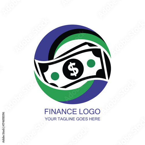 Finance Logo with Dollar Bills Swirling in Blue and Green Circular Design