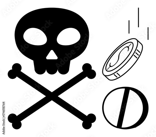 Skull and crossbones paired with a coin and pill emphasize risk, danger, toxicity, health hazards, medical issues, addiction, and financial risks. Ideal for caution, danger and health-related