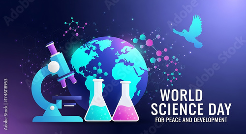 World science day illustration with globe microscope and flasks celebrating discovery