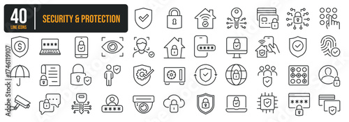 Set of collection thin line icons related Security, Protection, Safety. The icon can be used for website, infographic, user interface, app, banner, logo, brochure etc transparent background