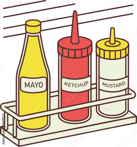 Classic Condiment Set: Mayonnaise, Ketchup, and Mustard Illustration