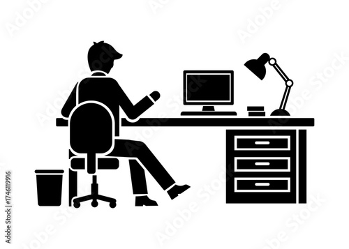 Office worker sitting at desk with computer, businessman at workplace, corporate job concept, modern work environment, productivity, office interior, black vector silhouette icon illustration.
