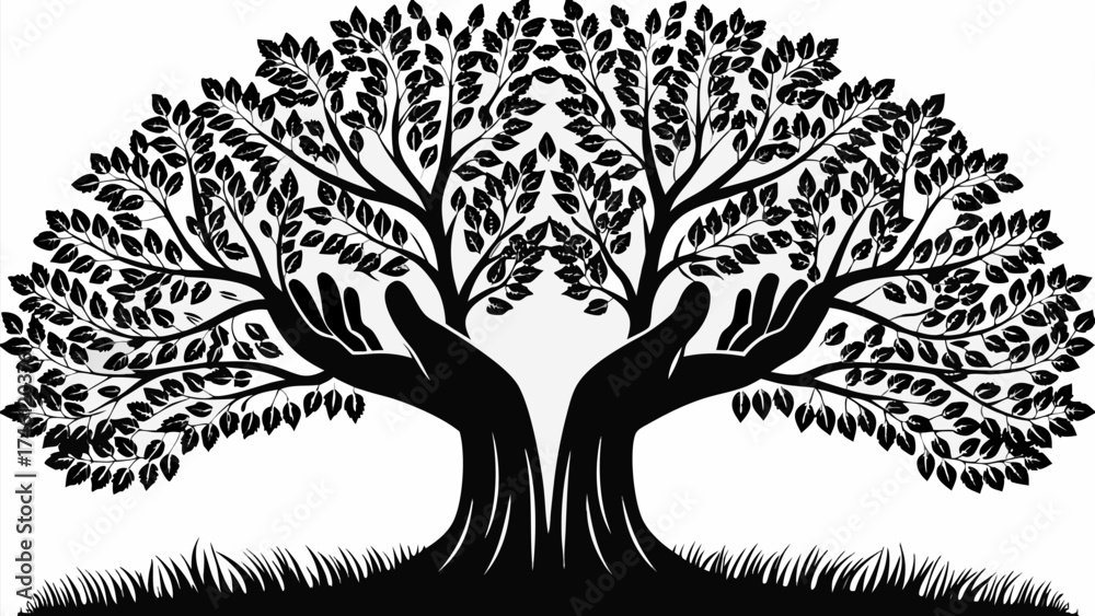 Obraz premium Hands nurturing a flourishing tree symbolizing growth, nature, and environmental care icon, originally vector graphics