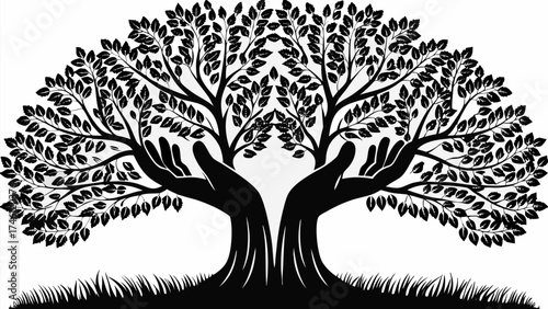 Hands nurturing a flourishing tree symbolizing growth, nature, and environmental care icon, originally vector graphics