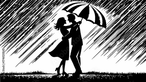 Romantic couple embracing under umbrella in rain, celebrating love and connection in monochrome