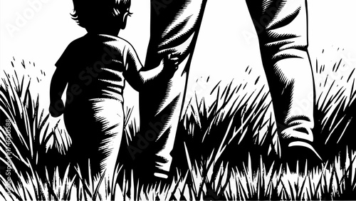 Touching fatherly bond as toddler walks hand in hand with dad through grassy meadow in monochrome