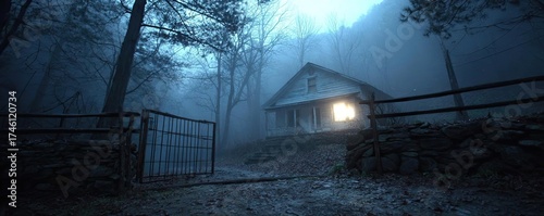 Haunted house glowing under moonlit woods concept. A mysterious house illuminated in a foggy forest at night.