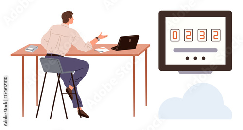Man seated at desk with laptop, notebook, and digital counter on screen. Ideal for tracking, productivity, technology, efficiency, remote work business cloud computing concepts. Simple flat