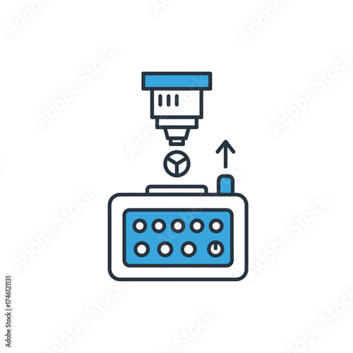 Minimalist line icon illustrating the additive manufacturing process, showing a 3D printer nozzle creating a prototype model
