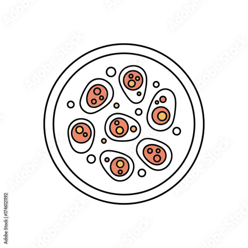 Microscopic view of cells in a petri dish with detailed internal structures, scientific illustration