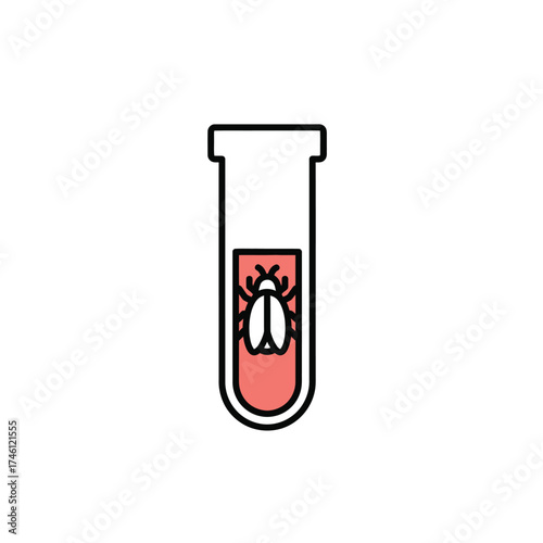 Line art depicting a bug or virus icon inside a test tube with pink liquid, representing scientific analysis, problem detection, medical research, and experimental study concept