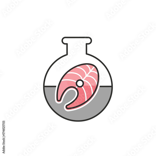 Salmon steak in a laboratory flask icon representing food science and food technology