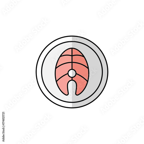 A colorful flat design icon of a fresh salmon steak on a plate, representing seafood, healthy eating, and gourmet cuisine