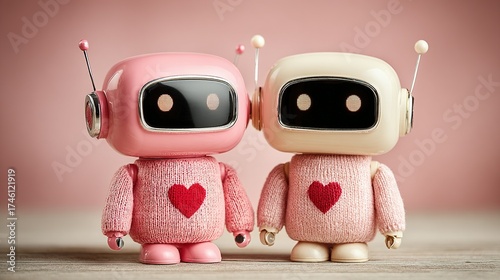 Two cute robots one pink one white with hearts on their chests.