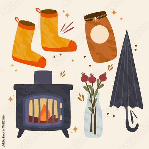 Homey fall collection featuring socks, umbrella, preserve jar, fireplace stove, and vase with rose hips.