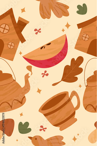 Rustic tiled grid of fall icons including leaves, socks, moon, candle, mushroom, branch, letters, sun, and berries.
