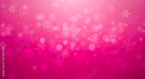 Christmas blurred background of complex defocused big and small falling snowflakes in pink colors with bokeh effect
