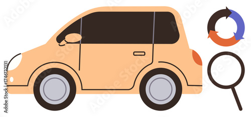 Orange car with magnifying glass and circular arrows. Ideal for car inspection, maintenance, auto industry, research, innovation, evaluation, and progress. Simple flat metaphor