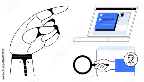 Hand pointing forward, laptop screen showing data, and magnifying glass focusing on online profile. Ideal for research, data analysis, recruitment, user search, online focus, exploration simple flat