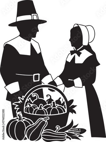 Vector art of pilgrim couple with basket of pumpkins and gourds