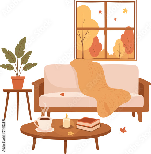 Cozy autumn living room interior with sofa, knitted blanket, coffee, and fall window view, vector illustration