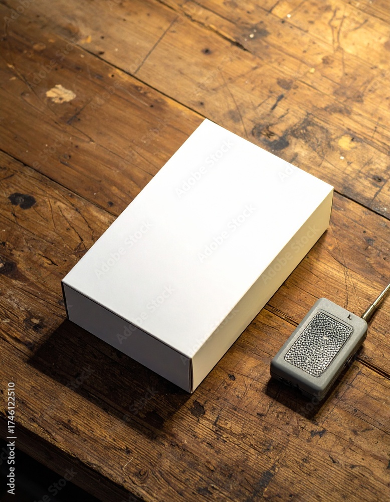 Fototapeta premium Blank White Box on a Weathered Wooden Table, Accompanied by a Remote Control