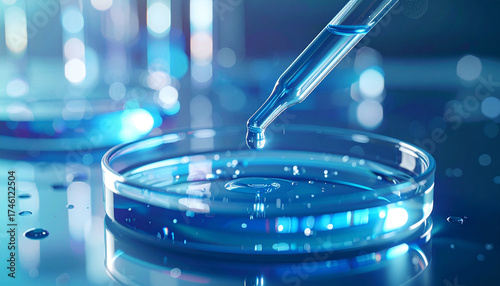 Scientific Precision: A close-up perspective of a laboratory scene, highlighting a glass pipette dispensing a liquid sample into a petri dish, evoking a sense of scientific precision and discovery.