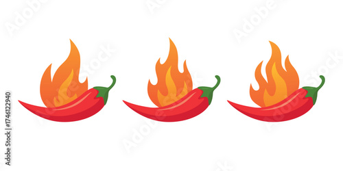 Spicy Chili Pepper with Fire, Vector Illustration. Hot Red Pepper Icon Set for Mexican Food, Restaurant, Spice Label Design. Burning Pepper Illustration, Heat Level Symbol, Fiery Cooking Clipart