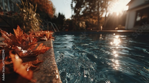 Swimming pool with autumn leaves near a house under sunlight.