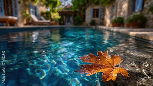 Swimming pool with leaf in water near building and trees on sunny day.