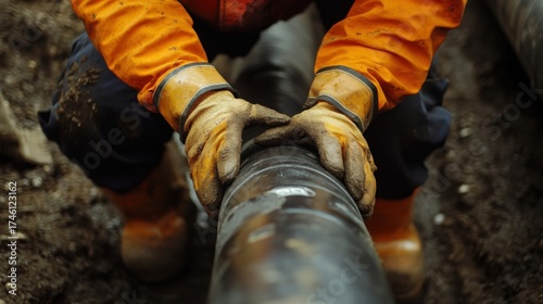 Worker Inspects Pipeline Connection in Oil Field