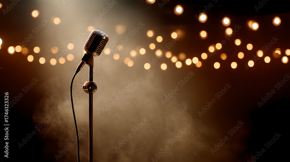 Obraz premium A vintage microphone on stage with warm bokeh lights in the background.