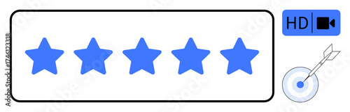 Five blue stars in a rating bar, HD video streaming icon, and a bullseye with an arrow. Ideal for feedback, quality, excellence, target, accuracy streaming and performance themes. A simple flat