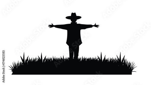 Solid Black Silhouette Vector of a Scarecrow in a Farm Field