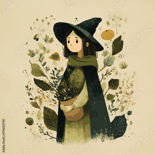 Young green witch gathered herbs. Halloween witch illustration. Forest Fairy. Hand drawn vector illustration.