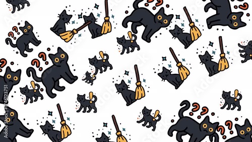 Pattern of doodle cat silhouettes dances across a halloween night sky crafted for seamless looping wallpapers, animated backgrounds, spooky graphic visuals and festive decor designs